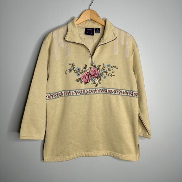 Renee Sport Women's Vintage Yellow‎ 1/4 Zip Floral Embroidered Sweatshirt Size S - Picture 1 of 9